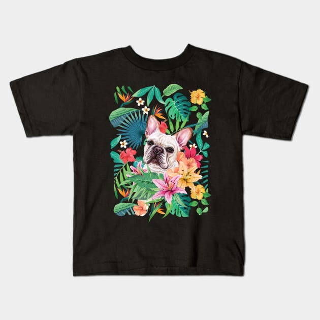 Tropical Cream White Frenchie French Bulldog 1 Kids T-Shirt by LulululuPainting